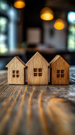 Three wooden toy house models are lined up on a weathered wooden surface. The background is softly blurred, hinting at a serene outdoor setting under bright sunlight.の素材
