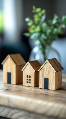 Three wooden toy house models are lined up on a weathered wooden surface. The background is softly blurred, hinting at a serene outdoor setting under bright sunlight.の素材