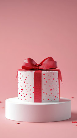 A vibrant red gift box adorned with a sleek ribbon sits elegantly on a white pedestal, creating a charming composition against a soft pink background, perfect for celebrations.の素材