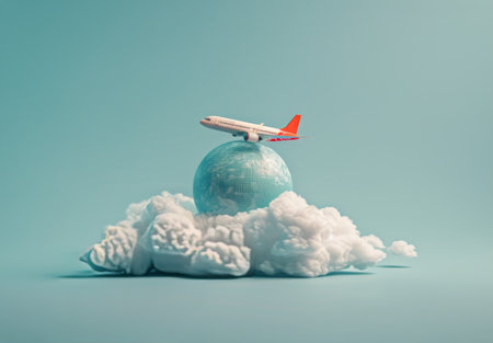 A white airplane with a red tail lands on a blue sphere, surrounded by fluffy white clouds, against a light blue background.の素材