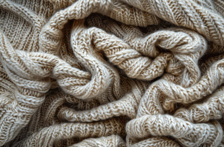 A close-up photograph of a beige knitted fabric with a textured pattern. The fabric is folded and draped, creating a soft, cozy, and inviting visual.の素材