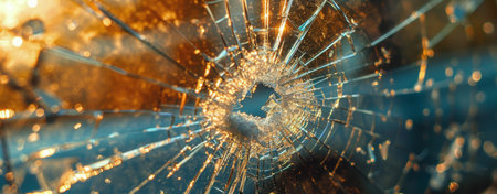 A close-up view of a bullet hole in a shattered window, with a blurred city scene in the background.の素材