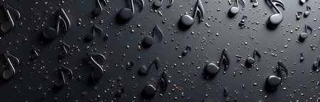 A black background with a wavy ribbon and scattered musical notes.の素材