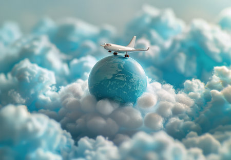 A toy airplane sits on top of a globe surrounded by white cotton clouds.の素材