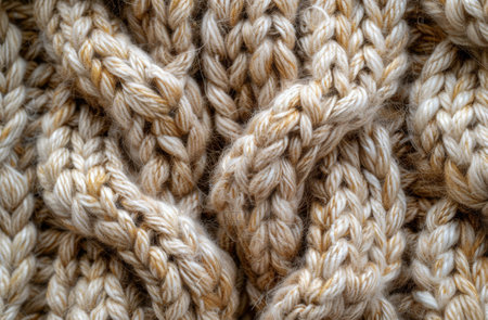 A close-up shot of a knitted fabric made with natural tan yarn. The texture of the knit is prominent, showing the intricate loops and stitches.の素材