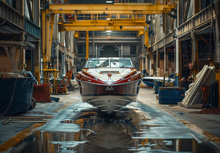 A large motorboat sits parked in a boat storage facility, surrounded by other boats. The facility is large and well-lit, with high ceilings and a large overhead door.の素材
