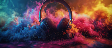 A pair of blue headphones are positioned against a background of colorful smoke, featuring shades of pink, red, and blue.の素材