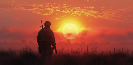 A silhouette of a soldier holding a rifle against a fiery sunset sky.の素材