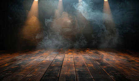 A dark wooden stage with three spotlights shining down, creating a foggy, mysterious atmosphere.の素材