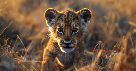A young lion cub in tall grass with a soft sunset glow behind it.の素材