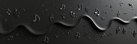 A black background with a wavy ribbon and scattered musical notes.の素材