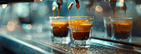 Close-up of an espresso machine pouring coffee into three glass cups.の素材