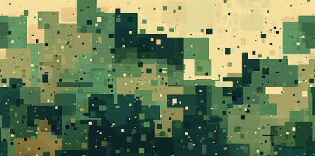 A digital art piece featuring a background of beige squares with an overlay of green and black squares in various sizes.の素材