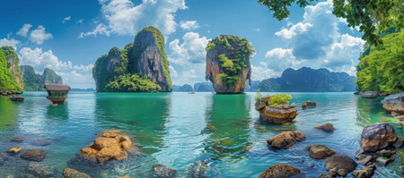 A scenic view of a calm lagoon in Thailand, with towering limestone islands rising out of the turquoise water, surrounded by lush green vegetation.の素材