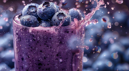 A close-up shot of a glass filled with a purple smoothie with blueberries splashing into the top of it.の素材