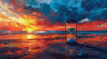 A digital painting of an hourglass on a sandy beach at sunset. The sky is a vibrant red and orange, and the water is calm and reflecting the colors of the sky.の素材
