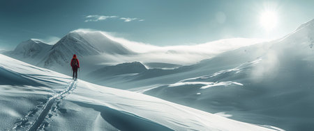 A lone hiker makes their way up a snowy mountain ridge at sunrise, with clouds swirling around the peaks.の素材
