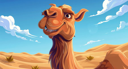 A cartoon camel smiles at the viewer from a desert landscape on a sunny day.の素材