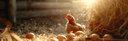 A brown hen stands in a nest of hay with numerous eggs surrounding it, bathed in warm sunlight.の素材