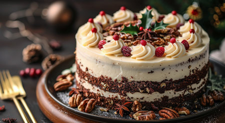 A delicious looking Christmas cake decorated with white icing, holly leaves, red cranberries, and pecan nuts.の素材