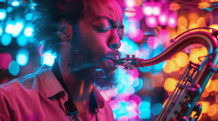 A close-up image of a musician playing the saxophone under vibrant stage lights. The musicians focused expression and the instruments shining metal are highlighted by the colorful bokeh.の素材