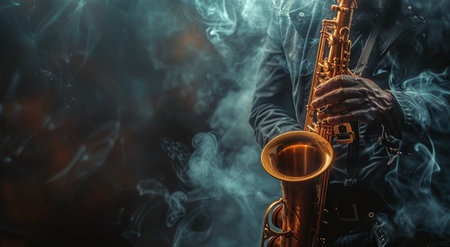 A close-up shot of a musician playing a saxophone while surrounded by smoke and light.の素材