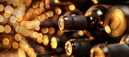 Close-up of wine bottles arranged on a rack, illuminated by warm, bokeh lights.の素材