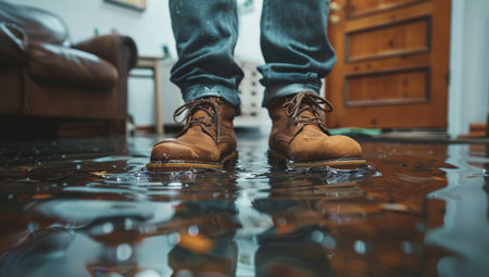 A pair of brown leather boots stand on a flooded floor inside a home, the water reflecting the light from the window.の素材