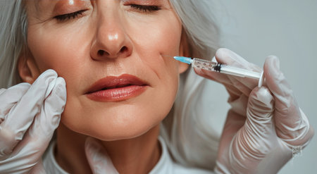 A womans face is close-up as she receives an injection in her cheek from a gloved hand holding a syringe.の素材