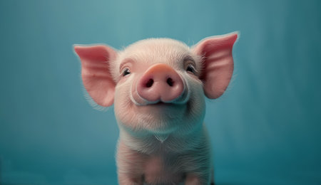 A close-up portrait of a young piglet with pink skin and large ears, looking directly at the camera with a curious expression. The background is a solid blue color.の素材