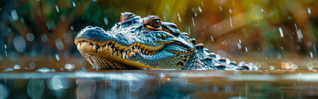 An alligator rests in the water, its head slightly above the surface. Rain falls around it, creating a tranquil scene.の素材