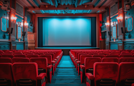 A wide-angle shot of an empty movie theater with red seats facing a large screen.の素材