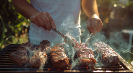 A person uses tongs to flip steaks on a hot barbeque grill while smoke rises in the air.の素材