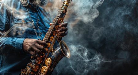 A senior musician with white hair plays a gold saxophone, surrounded by smoke, in a dimly lit studio.の素材