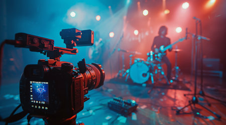 A professional video camera captures a live event with colorful stage lighting in the background.の素材