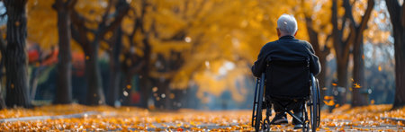 A senior man in a wheelchair sits in a park, surrounded by falling autumn leaves.の素材