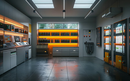 A view of three white battery storage units in a modern homes entryway. The units are lined up in a row and have red wheels, suggesting they are mobile.の素材