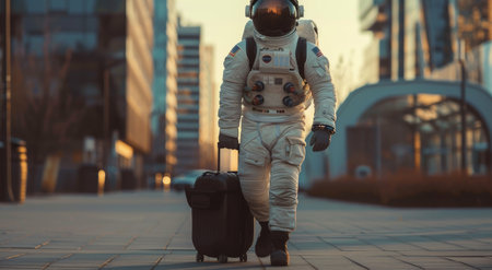 An astronaut in a white spacesuit walks down a city street, pulling a black suitcase. The sun is setting, casting a warm glow on the cityscape.の素材