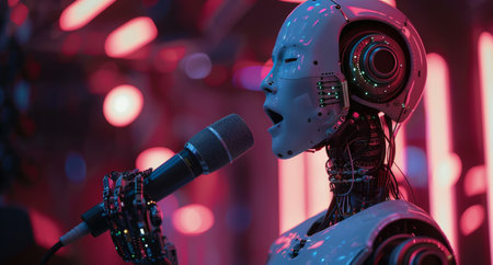 A white robotic figure sings into a microphone on a stage, illuminated by red lights.の素材
