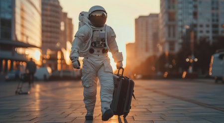 An astronaut in a white spacesuit walks down a city street, pulling a black suitcase. The sun is setting, casting a warm glow on the cityscape.の素材