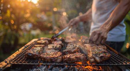 A person uses tongs to flip steaks on a hot barbeque grill while smoke rises in the air.の素材