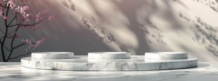 Three white marble product display platforms on a marble surface with a branch of blossoms and sunlight shadows in the background.の素材