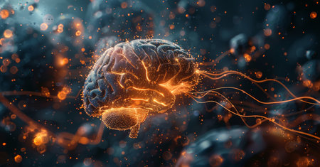 A 3D illustration depicting a human brain surrounded by digital, fiery flames against a dark background.の素材