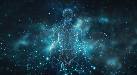 A digital human form, made of glowing lines and points, emerges from a blue, nebular background.の素材