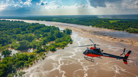A red helicopter flies over a flooded river in a lush rainforest. The water is brown and turbulent, and the surrounding trees are green and dense.の素材