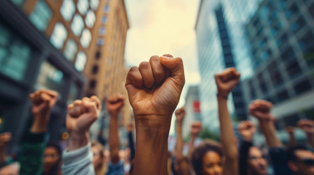 A group of people raise their fists in the air in solidarity during a protest in a city setting.の素材