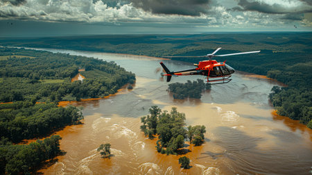 A red helicopter flies over a flooded river in a lush rainforest. The water is brown and turbulent, and the surrounding trees are green and dense.の素材