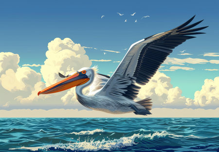A white pelican flies high above a blue ocean, with white clouds in the sky.の素材