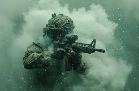 A soldier in camouflage gear holds a rifle in smoke during a military training exercise.の素材