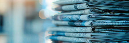 A close-up image of a stack of newspapers with a blurry blue background.の素材